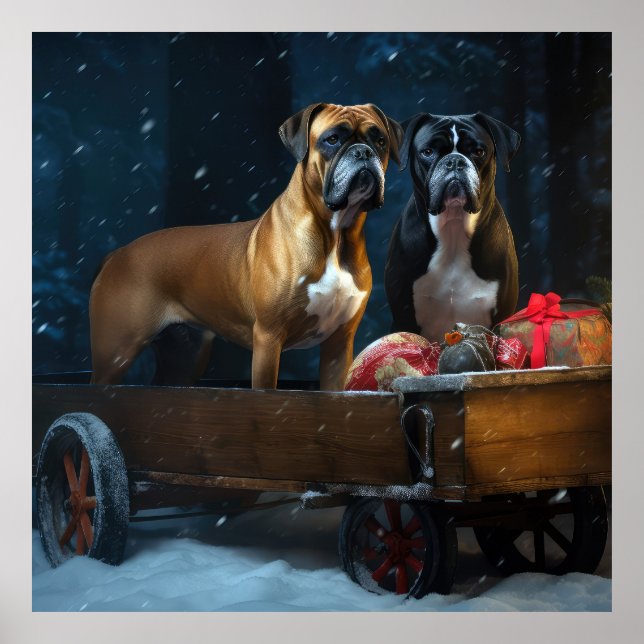 Boxer Snowy Sleigh Juldekoration Poster (Framsidan)