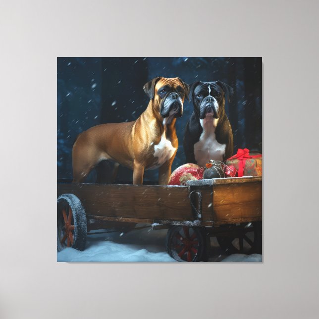 Boxer Snowy Sleigh-juldekretet Canvastryck (Framsida)