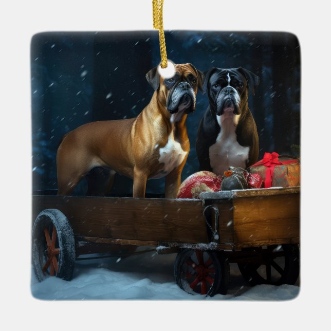 Boxer Snowy Sleigh-juldekretet Julgransprydnad Keramik (Framsida)