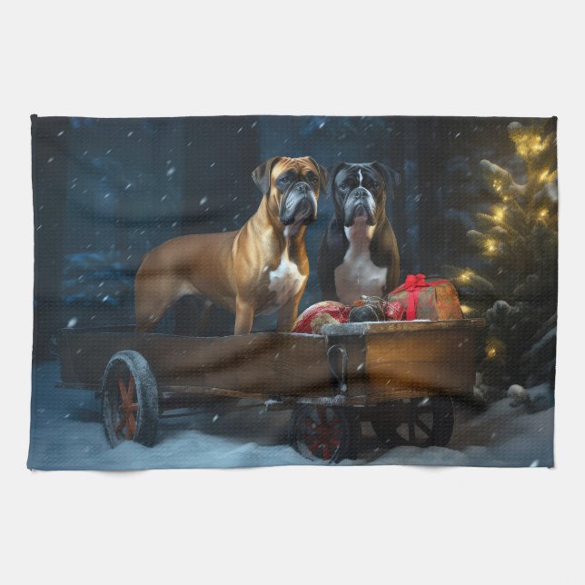 Boxer Snowy Sleigh-juldekretet Kökshandduk (Horisontell)