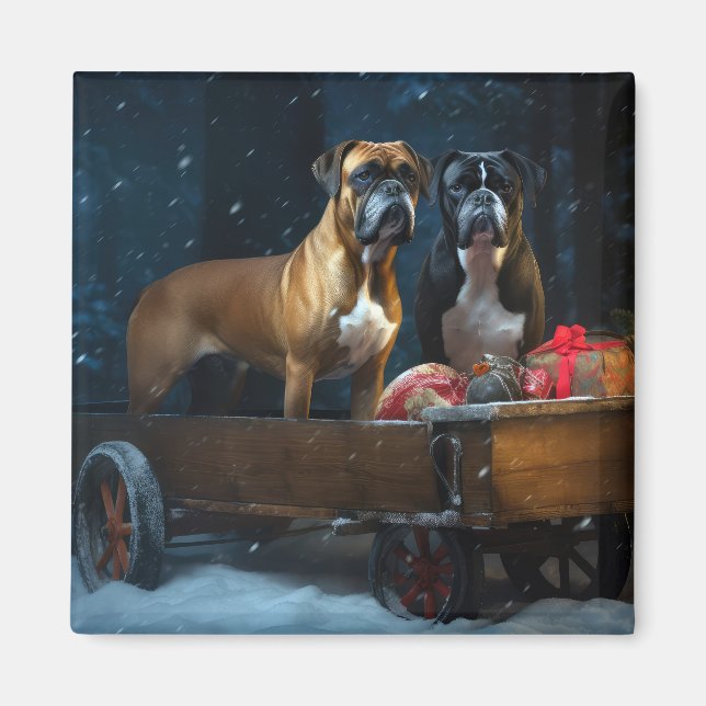 Boxer Snowy Sleigh-juldekretet Magnet (Framsidan)