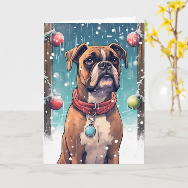 Boxer som leker med julgranskulor i snön kort (Gul blomma)