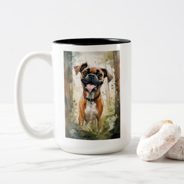 Boxer Terrier Akvarell Whimsical Två-Tonad Mugg (Med munk)