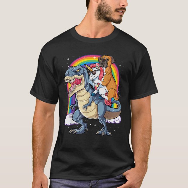 Boxer Unicorn Riding Dinosaur T rex Girls Kids Boy T Shirt (Framsida)