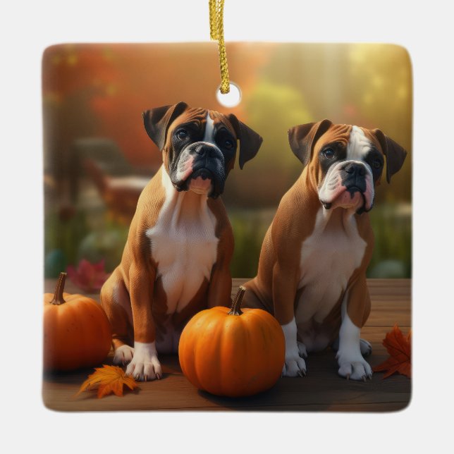 Boxer Valp Autumn Delight Pumpkin Julgransprydnad Keramik (Framsida)