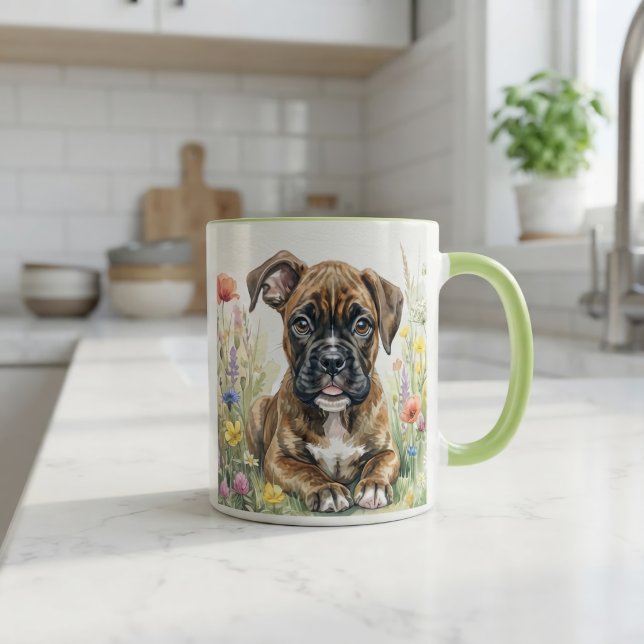 Boxer-valp med akvarellblommor mugg (Skapare uppladdad)