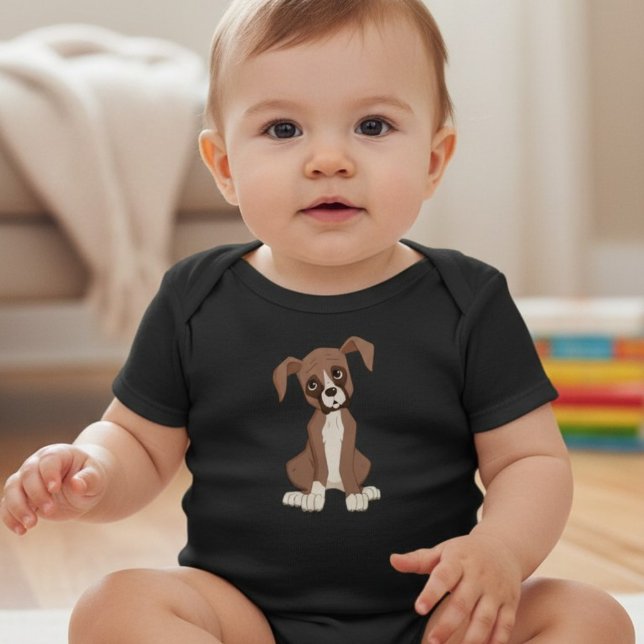 Boxer-valp Tröja (A baby wearing a cartoon boxer puppy portrait onesie in black, perfect for dog loving families.)