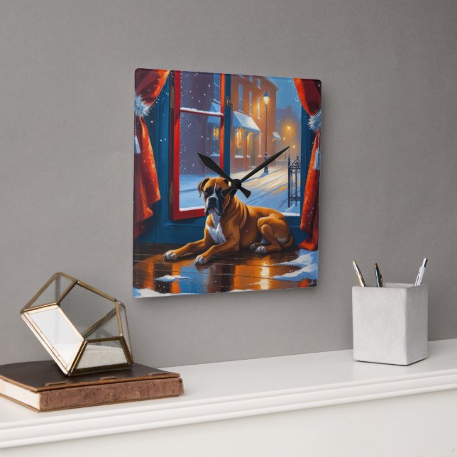 Boxer with Christmas Lights Holiday Fyrkantig Klocka (Kontor)