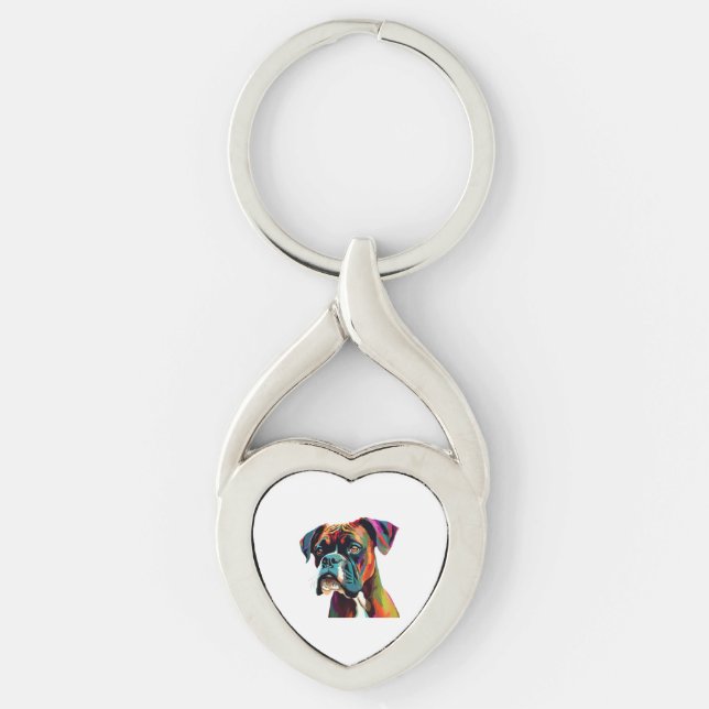 Boxerfärgad Hund Twisted Heart Silverfärgad Nyckelring (Framsidan)