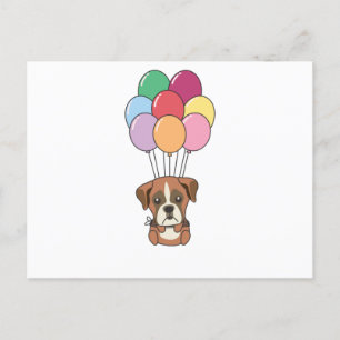 Boxerhund flyger med färgglada ballonger vykort