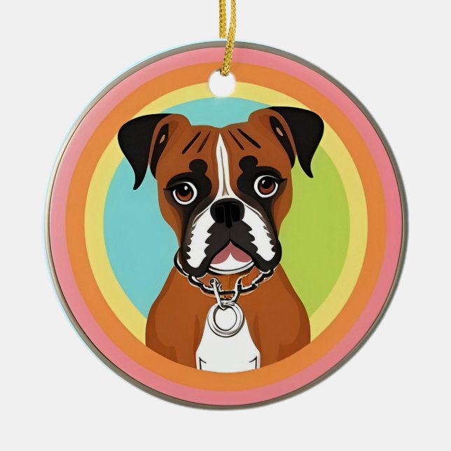 Boxerhund i livfull cirkulär ram julgransprydnad keramik (Framsidan)