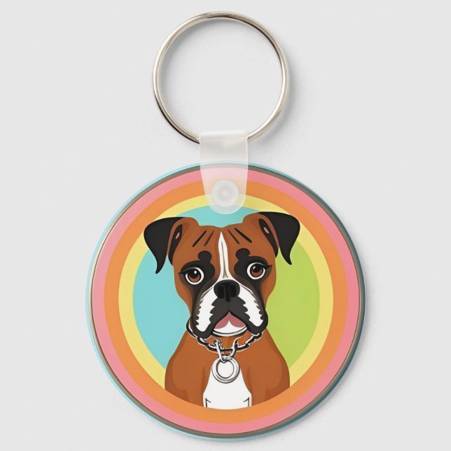 Boxerhund i livfull cirkulär ram nyckelring (Framsida)