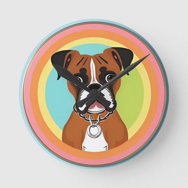 Boxerhund i livfull cirkulär ram rund klocka (Framsida)