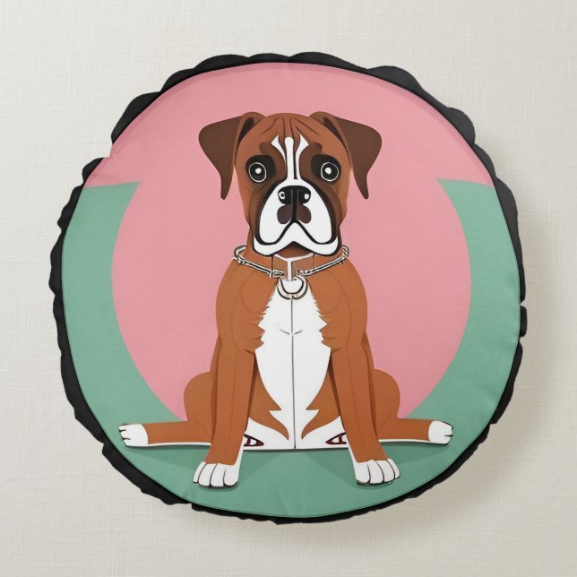 Boxerhund i livfull cirkulär ram rund kudde (Framsidan)