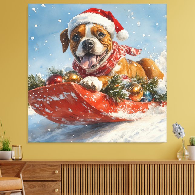 Boxerhund i släde Låt det snöa jul Canvastryck (Insitu (Vardagsrum))
