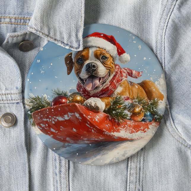 Boxerhund i släde Låt det snöa jul Knapp (In Situ)