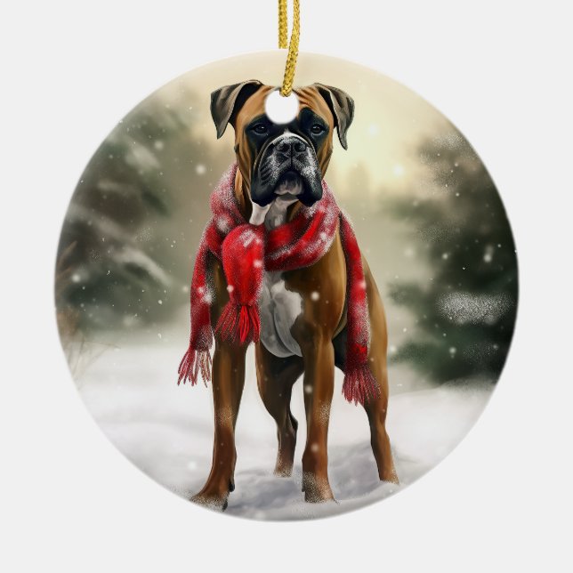 Boxerhund i snö jul julgransprydnad keramik (Framsidan)