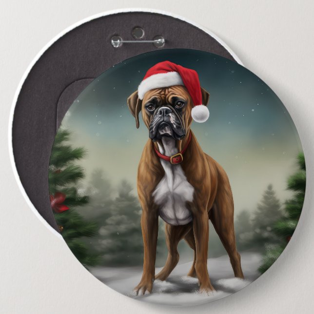 Boxerhund i snö jul  knapp (Framsida & baksida)