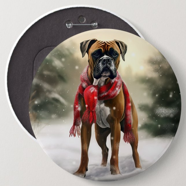 Boxerhund i snö jul knapp (Framsida & baksida)