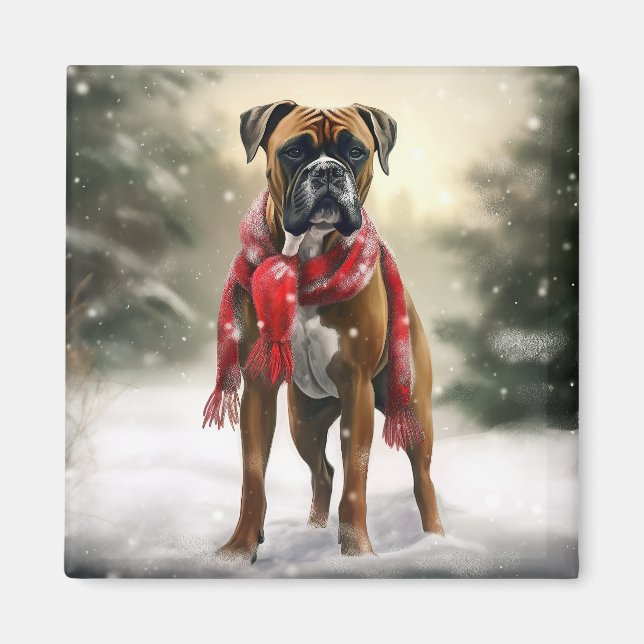 Boxerhund i snö jul magnet (Framsidan)