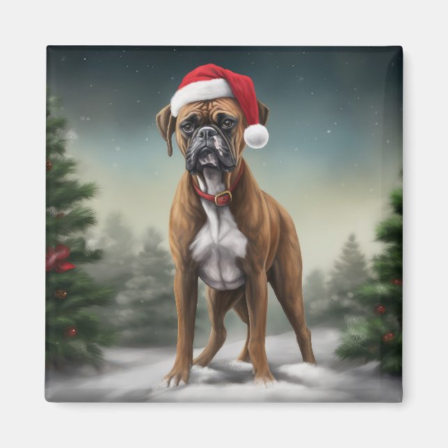 Boxerhund i snö jul  magnet (Framsidan)