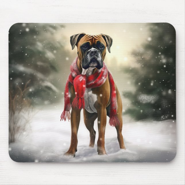 Boxerhund i snö jul musmatta (Framsidan)