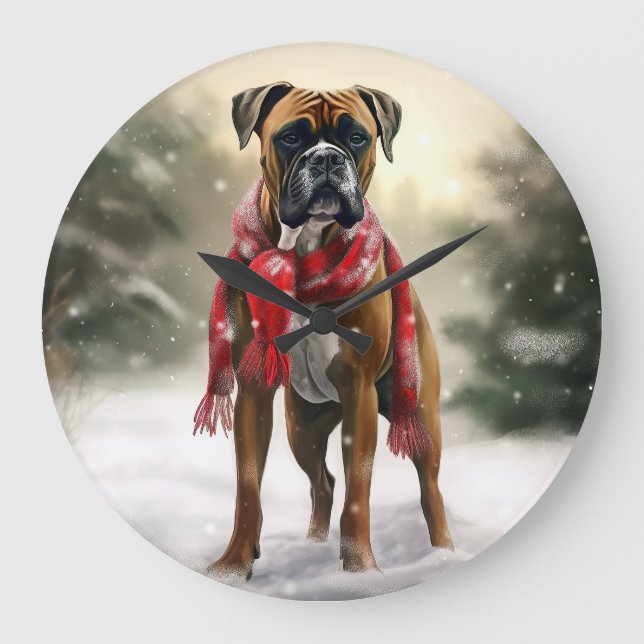 Boxerhund i snö jul stor klocka (Framsida)