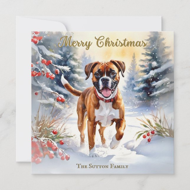 Boxerhund i snöscen God Jul Julkort (Framsida)