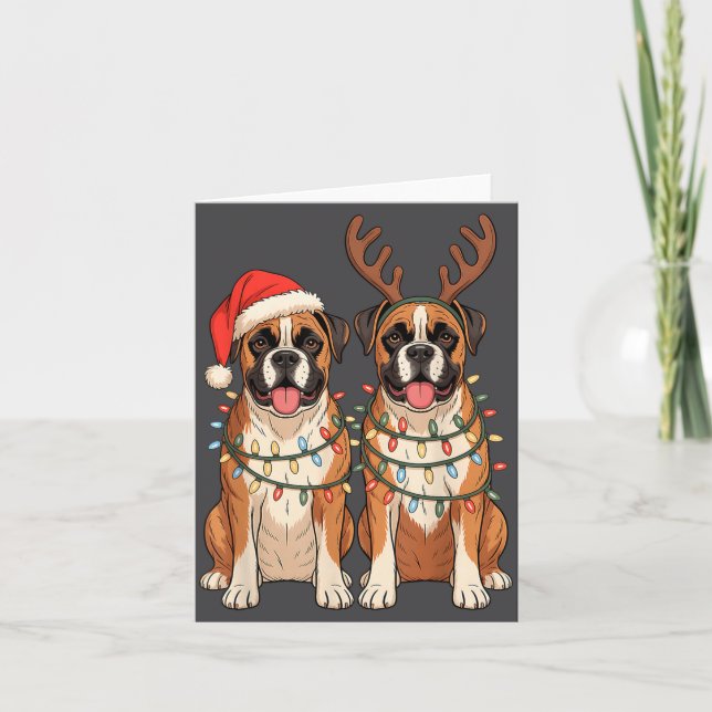 Boxerhund jul Santa mössa renar lampor Paja Kort (Framsida)