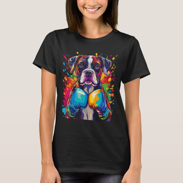 Boxerhund med boxningshandskor Färg Splash  T Shirt (Framsida)