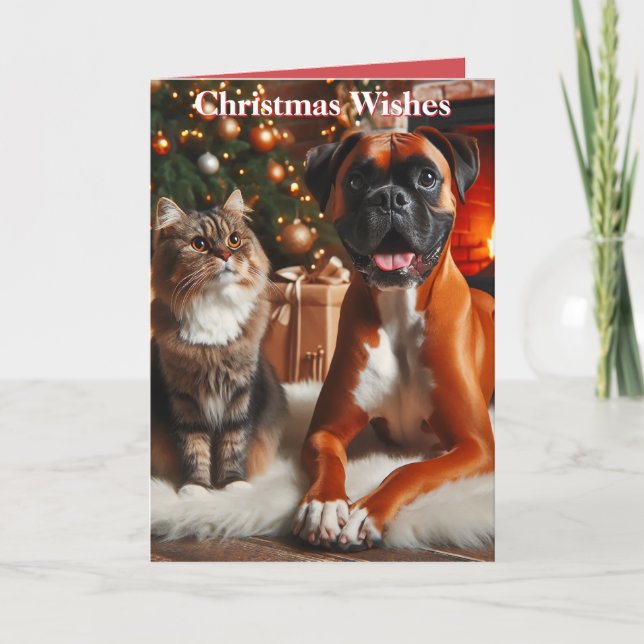 Boxerhund och katt jul helgkort (Framsida)