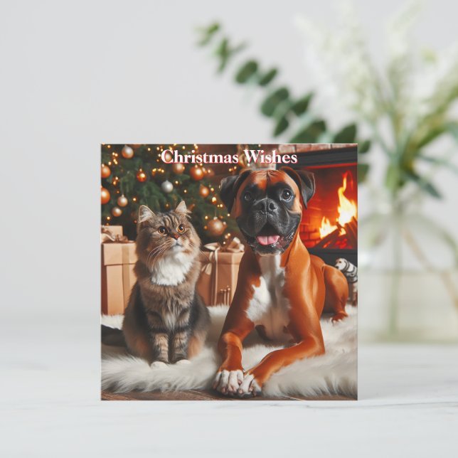 Boxerhund och katt jul julkort (Stående Fram)