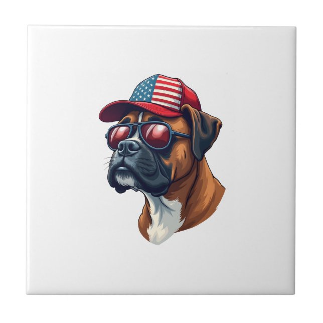 Boxerhund som bär vit röd blå kakelplatta (Framsidan)