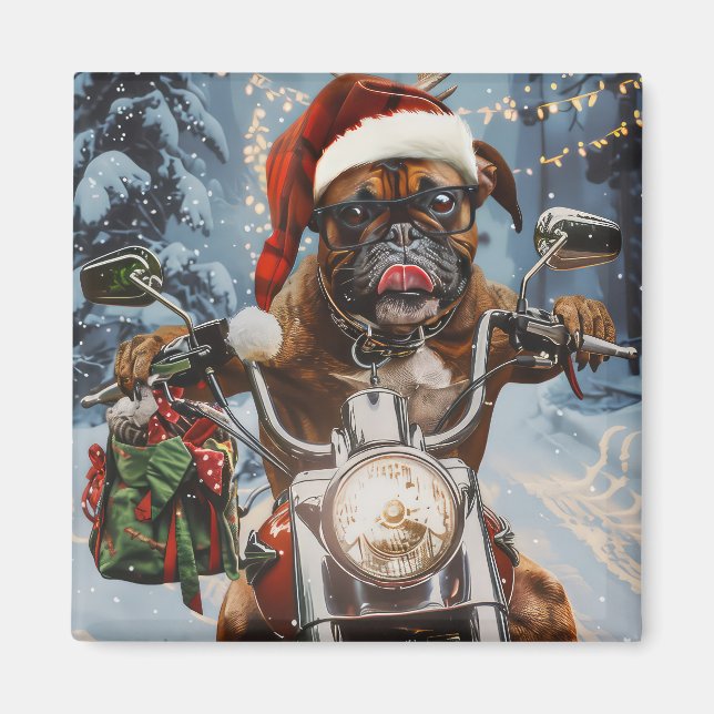 Boxerhund som kör motorcykel jul  magnet (Framsidan)