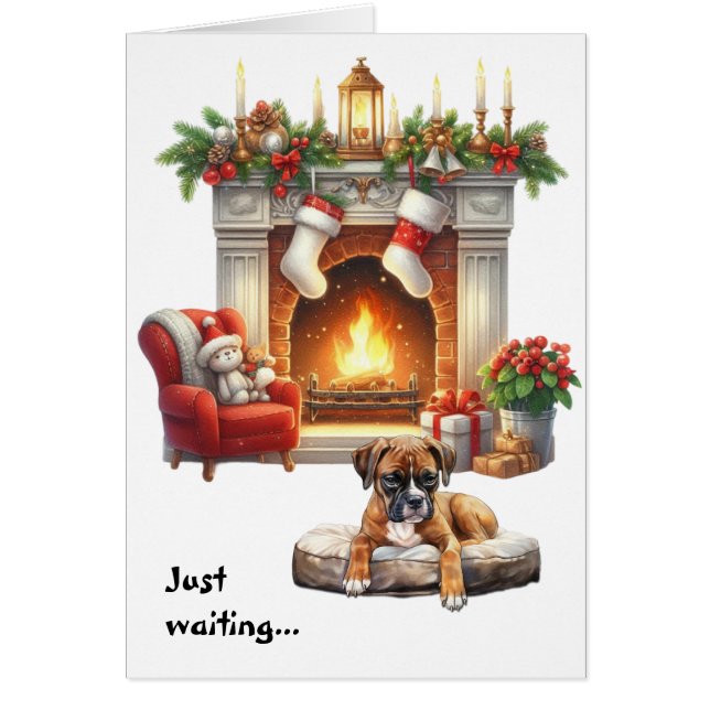 Boxerhund väntar på jul hälsningskort (Framsidan)