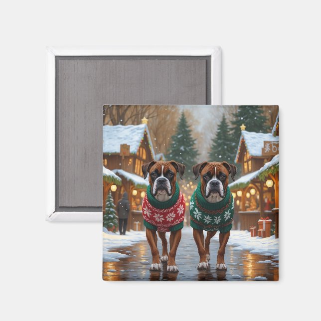 Boxerhundar jul snö semester  magnet (Front/Back)