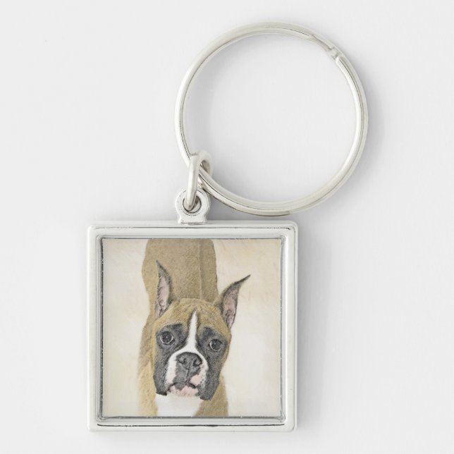 Boxermålning - Cute Original Hund Art Fyrkantig Silverfärgad Nyckelring (Framsidan)