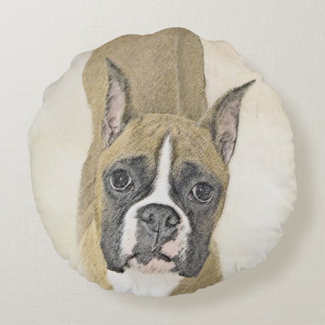 Boxermålning - Cute Original Hund Art Rund Kudde (Baksidan)