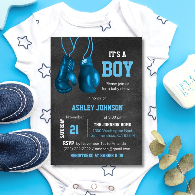 Boxing-handskar Blue Baby Shower-inbjudningar Inbjudningar (Skapare uppladdad)