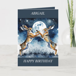 Boxing Hares Full Moon Birthday Card (redigerbart) Helgkort