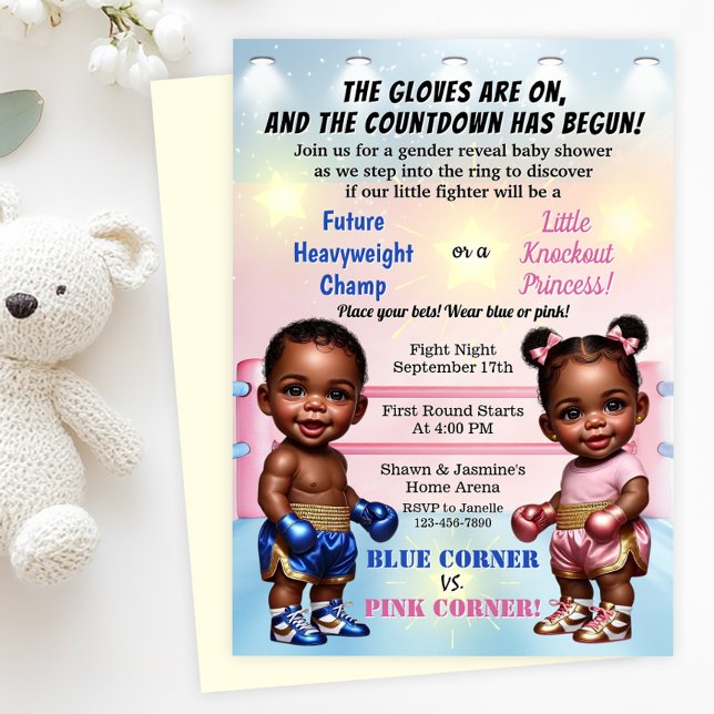  Boxning Köns Avslöjande Baby Shower Inbjudningar (Boxing gender reveal baby shower invitation with adorable baby boxers! Simply add your details.)