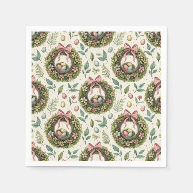 Boxwood Easter Wreath Pink Bow with Egg Pappersservett (Framsidan)