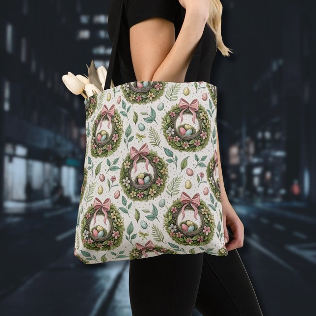 Boxwood Easter Wreath Pink Bow with Egg Tygkasse (Skapare uppladdad)