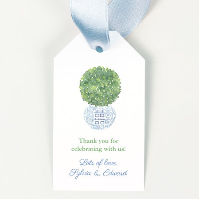 Boxwood Grekiska Nyckel Grönt Blue White Möhippa Presentetikett (Smart Boxwood Topiary Ball in blue and white ginger jar planter semi-formal wedding event favor tags)
