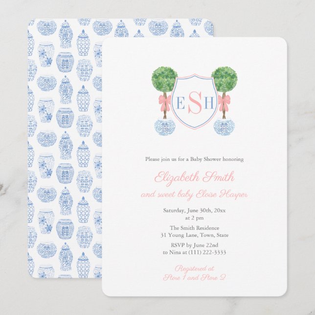 Boxwood Monogram Ginger Burk Girl Baby Shower Part Inbjudningar (Fram/baksida)