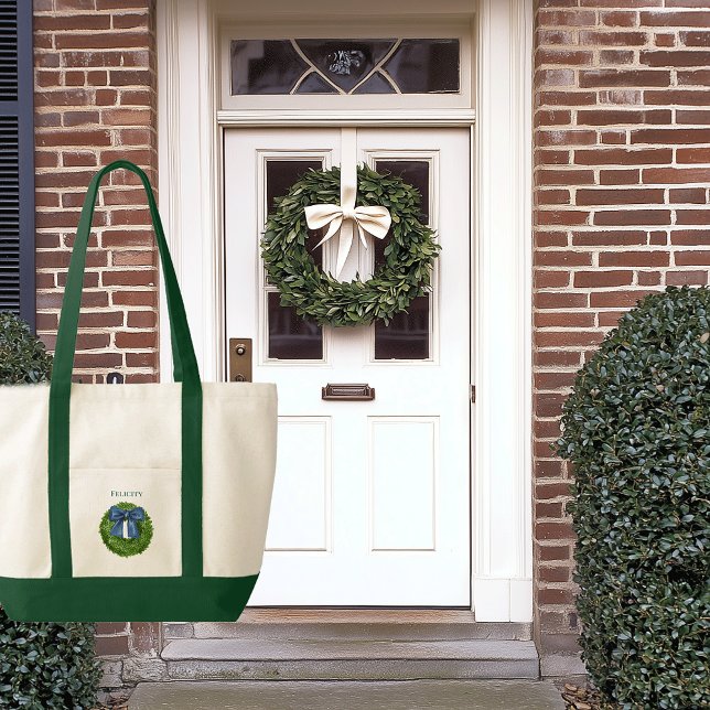 Boxwood Wand Blue Bow Contrast Trim Boat Tygkasse (boxwood wreath with bow personalized name tote bag)