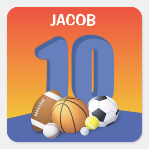 Boy 10 Birthday Sports Bollar Fyrkantigt Klistermärke