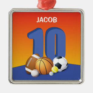 Boy 10 Birthday Sports Bollar Julgransprydnad Metall