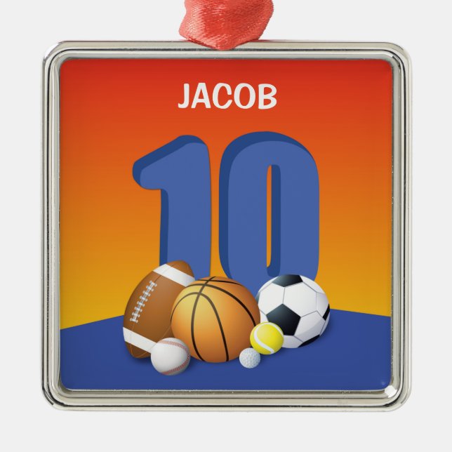 Boy 10 Birthday Sports Bollar Julgransprydnad Metall (Framsidan)