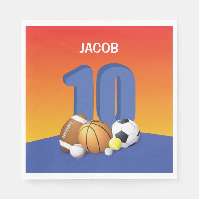 Boy 10 Birthday Sports Bollar Pappersservett (Framsidan)